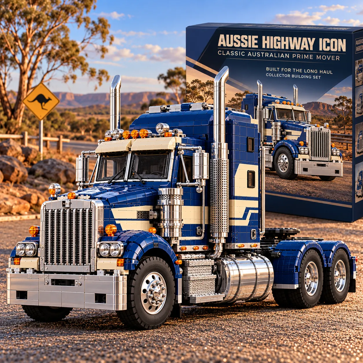 Blue and ivory Australian long-haul tractor building set with collector box in an outback-inspired scene