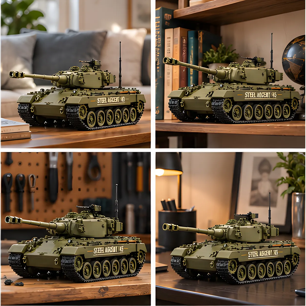 Four home display settings featuring the olive-drab tank brick build on a living room table, bookshelf, workshop bench, and home office desk.