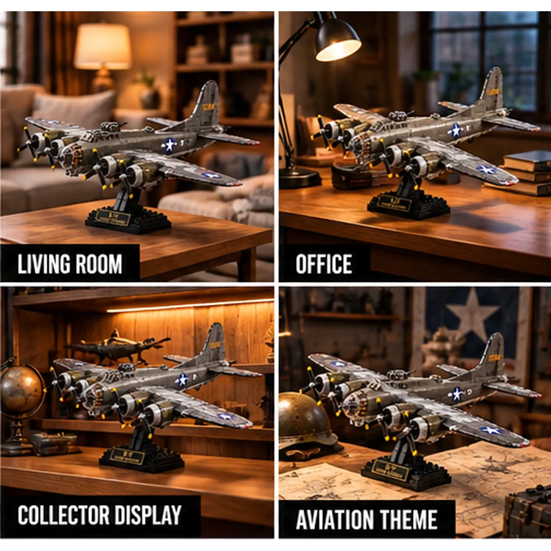 Complete B-17 Flying Fortress four-engine brick-built aircraft with black presentation stand