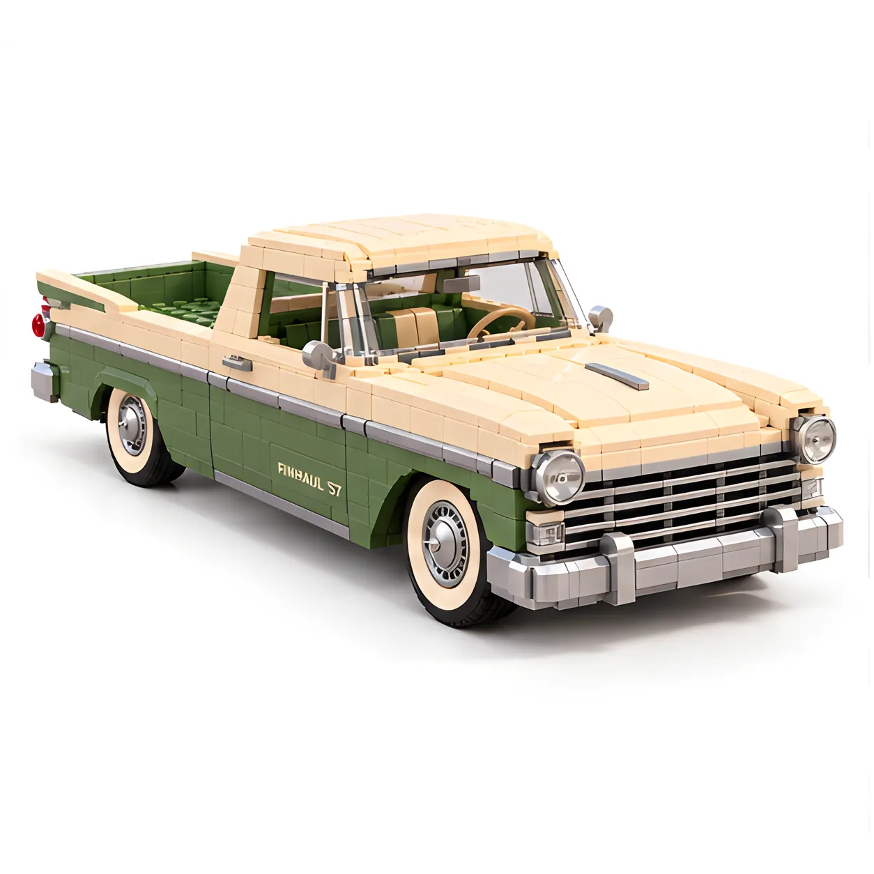 Three-quarter front view of FINHAUL ’57 brick-built coupe pickup on white, showing cream roof, olive sides, round headlights, and open rear bed.