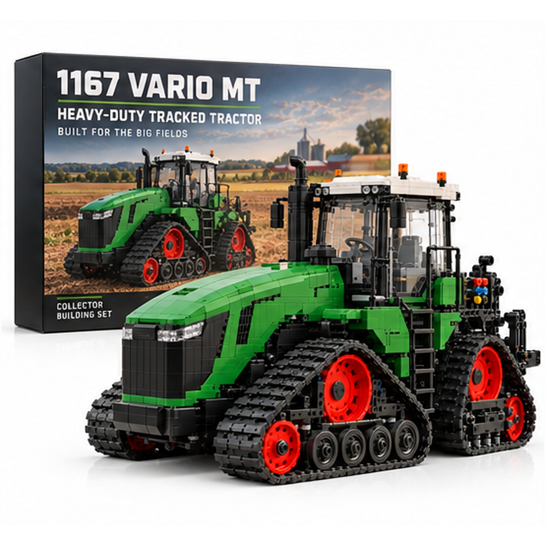 Full green tracked tractor collector building set with red wheels and black tracks against a white backdrop