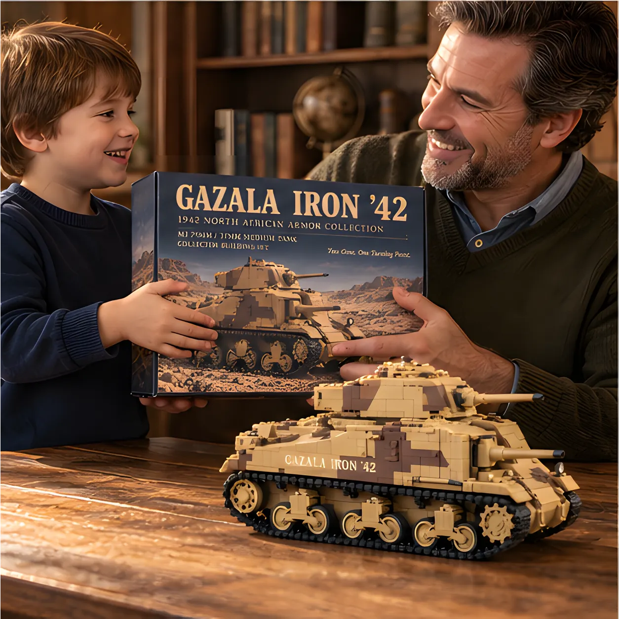 Adult and child holding the illustrated Gazala Iron ’42 building set box beside a tan-and-brown brick-built tank on a wooden table