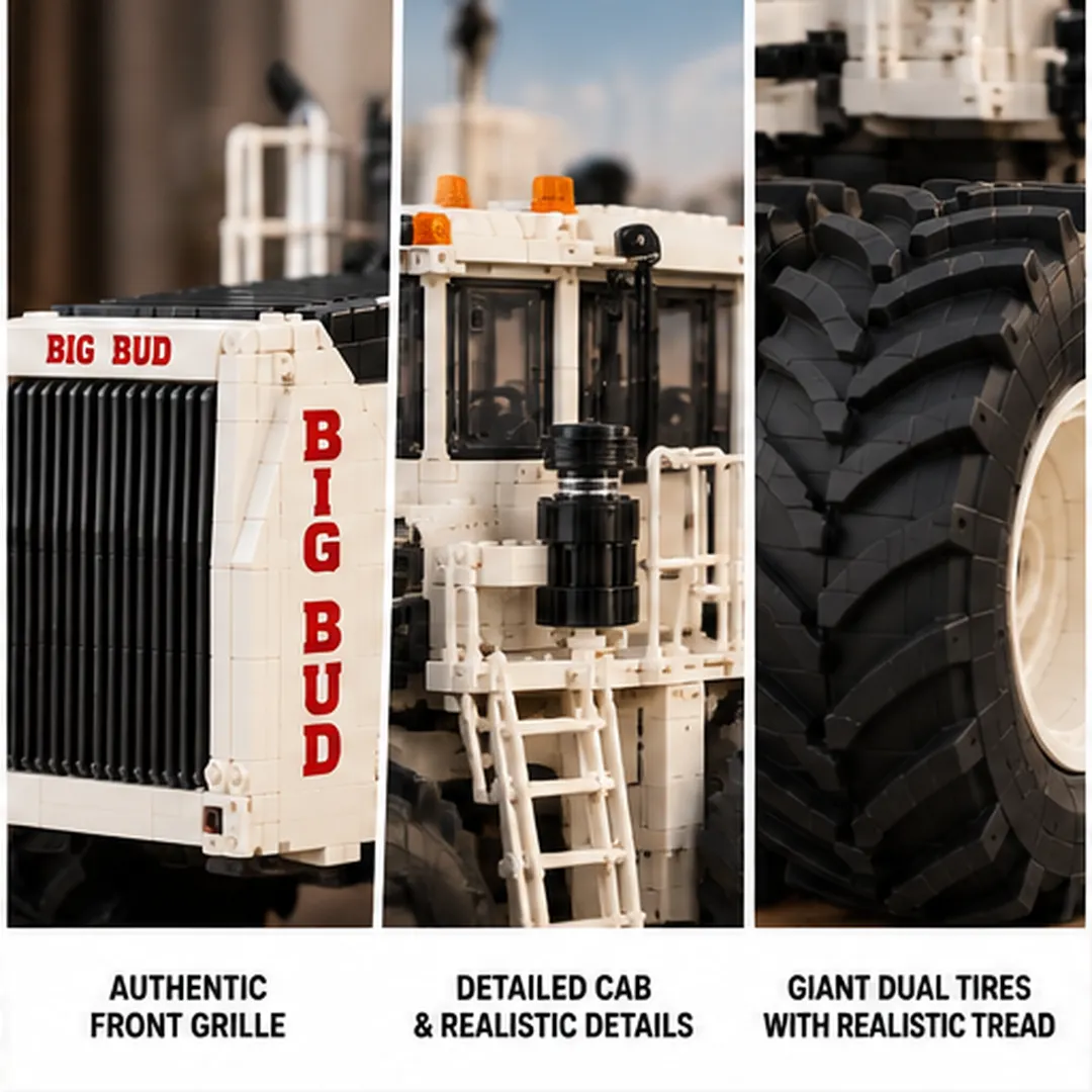 Complete white Big Bud 16V-747 building model with black front grille and eight oversized tires