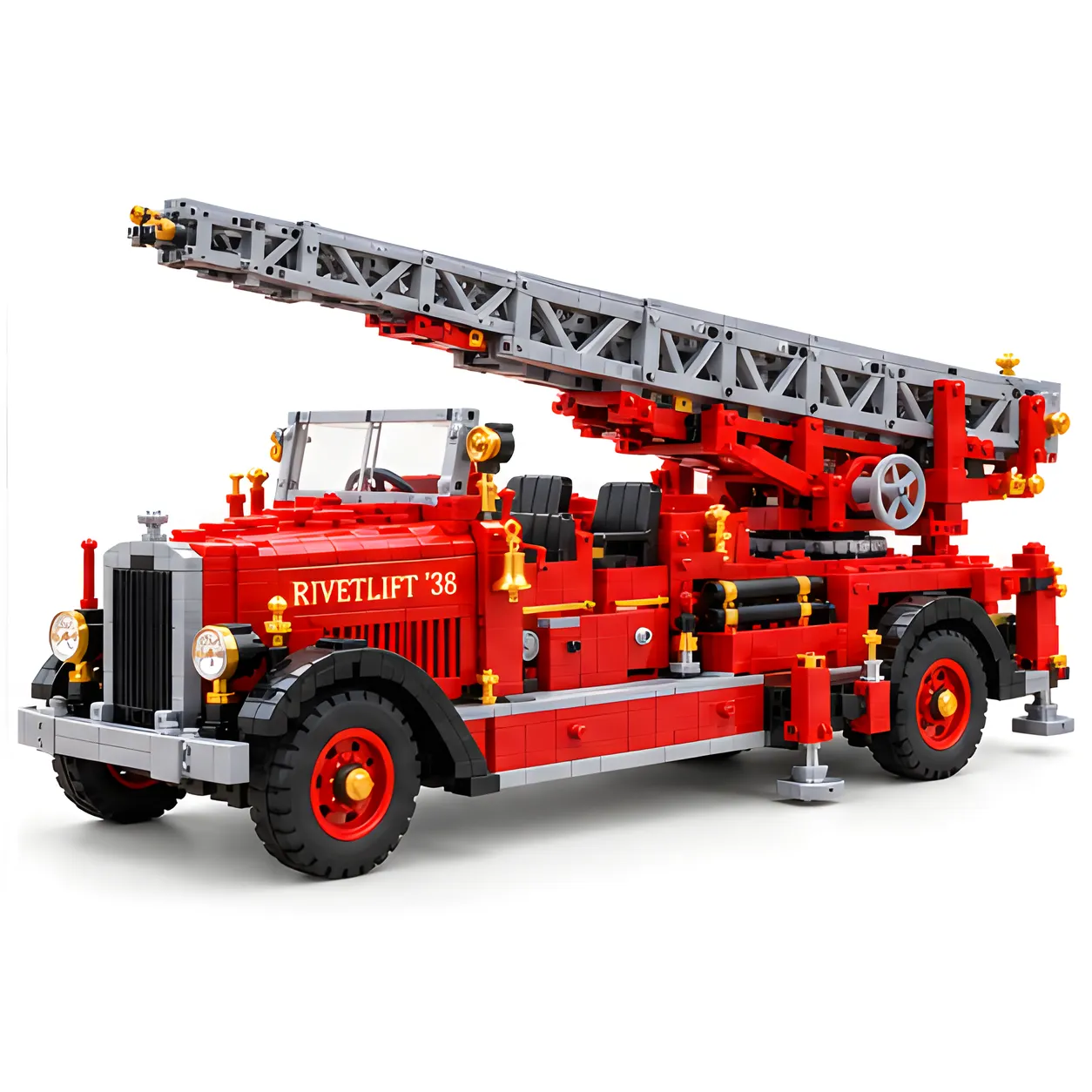 Red brick-built ladder truck on a white background with open seating, long gray truss aerial, round lamps, and ground stabilizers