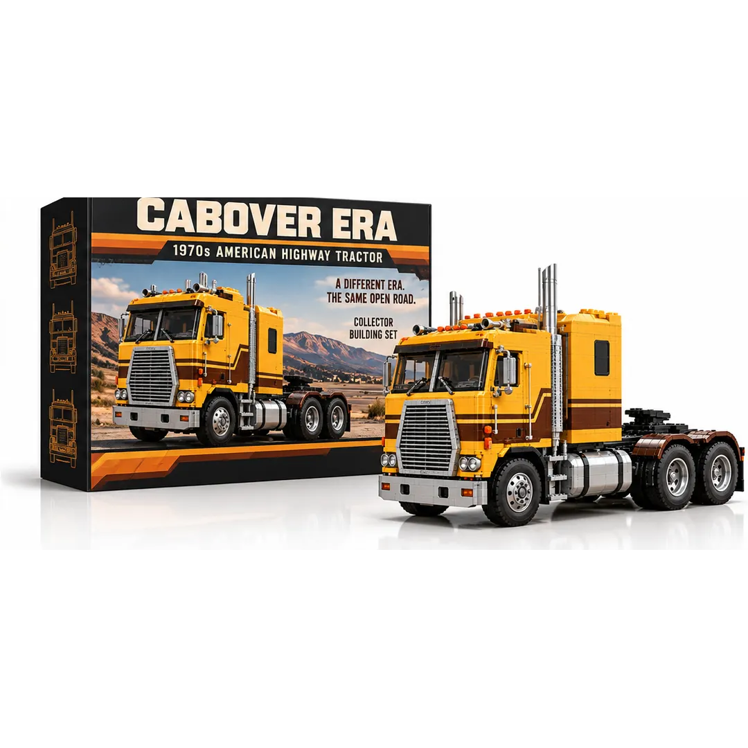 Complete yellow and brown cabover truck brick model displayed next to CABOVER ERA collector packaging against a white studio backdrop with black bands above and below