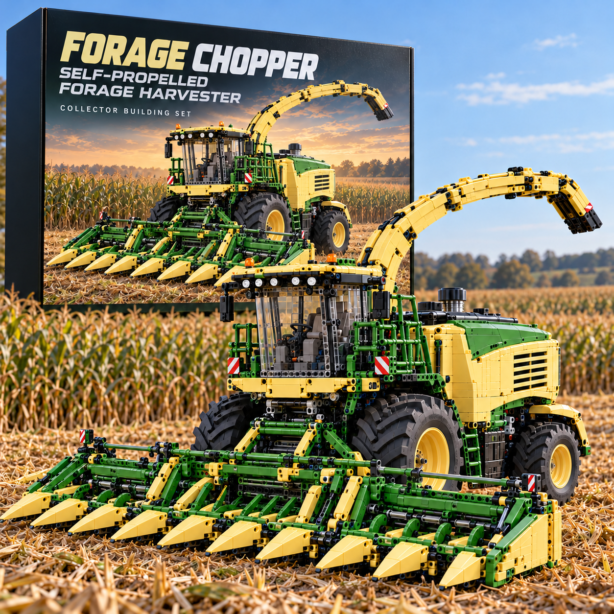 Green and yellow brick-built forage chopper with multi-point corn header and arched discharge spout, posed in a cornfield beside collector presentation artwork