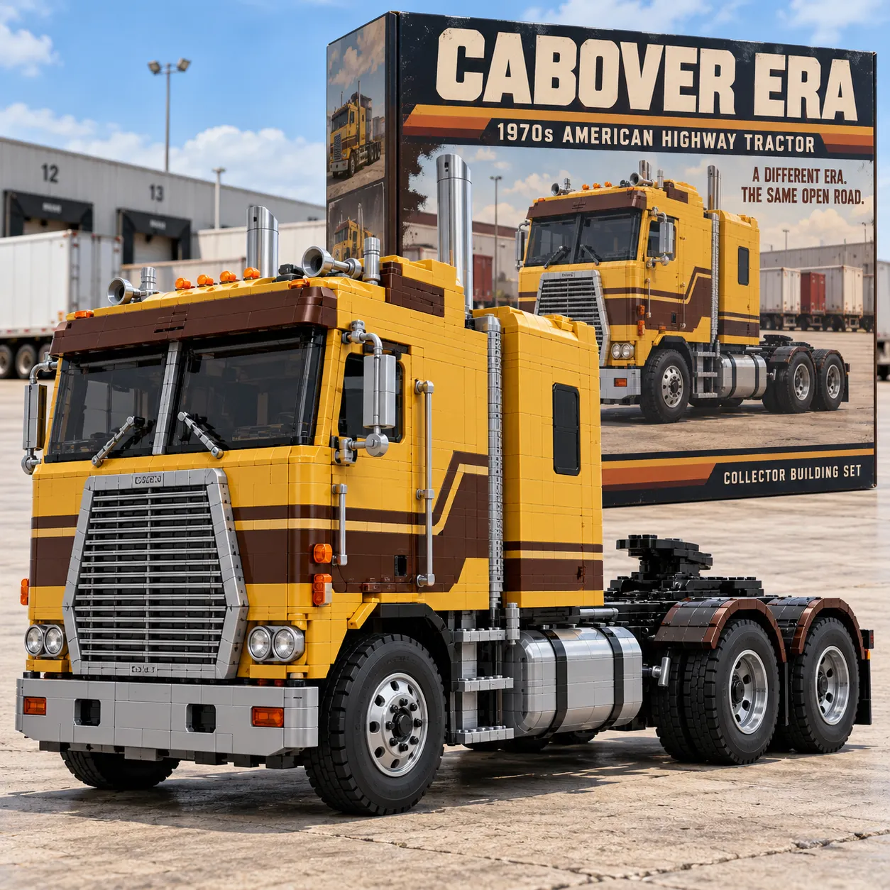 Yellow and brown brick-built 1970s-style cabover highway tractor in front of its CABOVER ERA collector box at a freight terminal