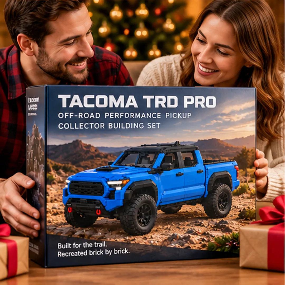 Pickup building model details featuring front grille, cabin interior and deep-tread off-road tires