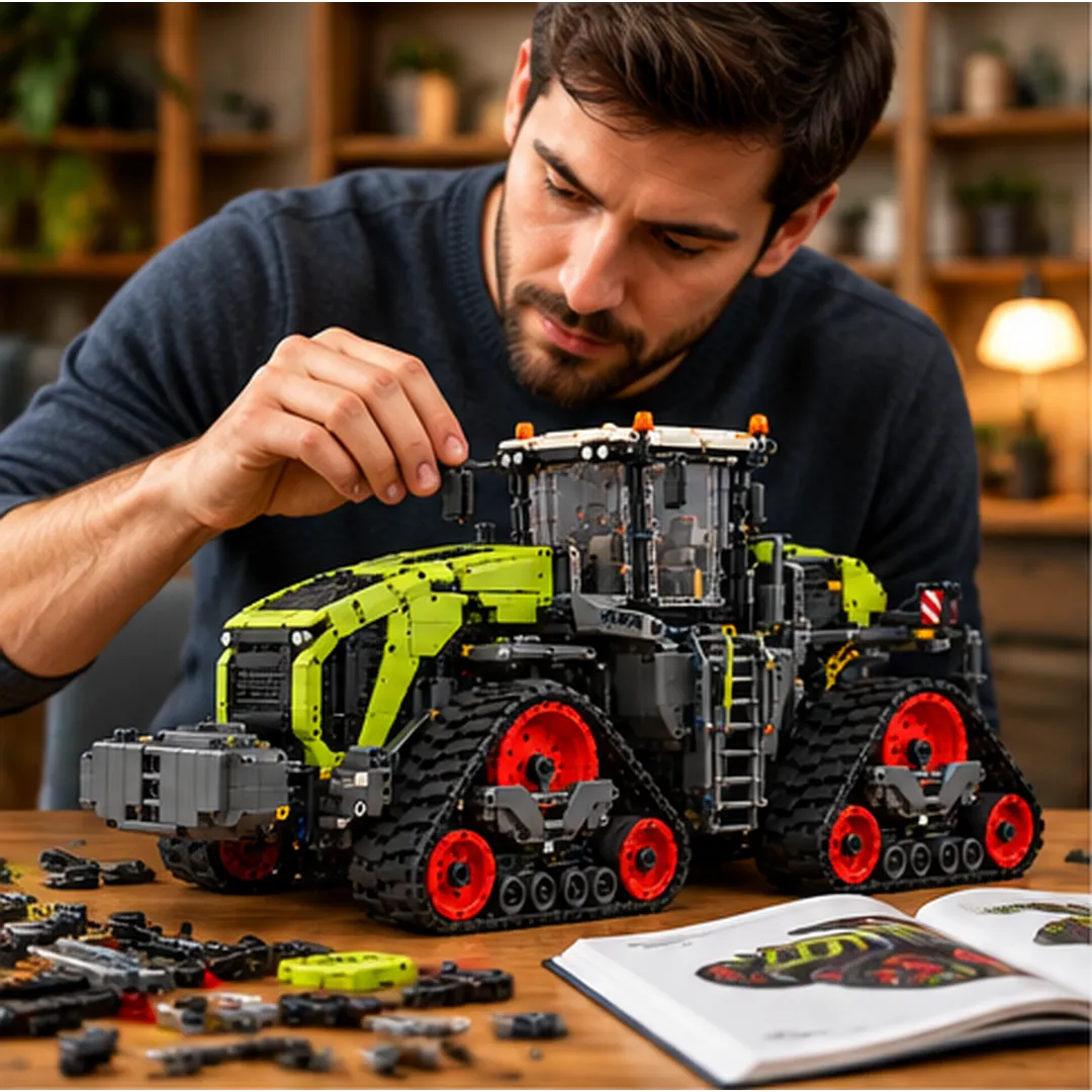 Adult hobbyist building a lime-green four-track tractor model at a wooden table with loose building bricks and an instruction booklet