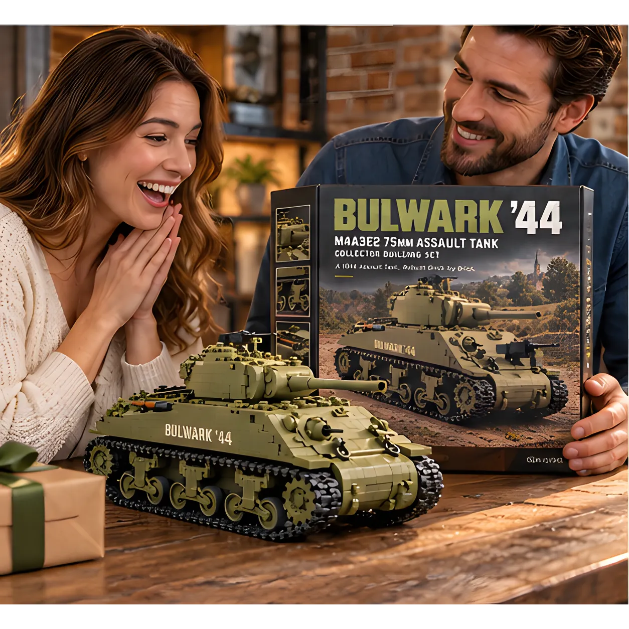 Smiling adult couple looking at the BULWARK '44 product box beside the assembled olive-drab tank on a wooden table.