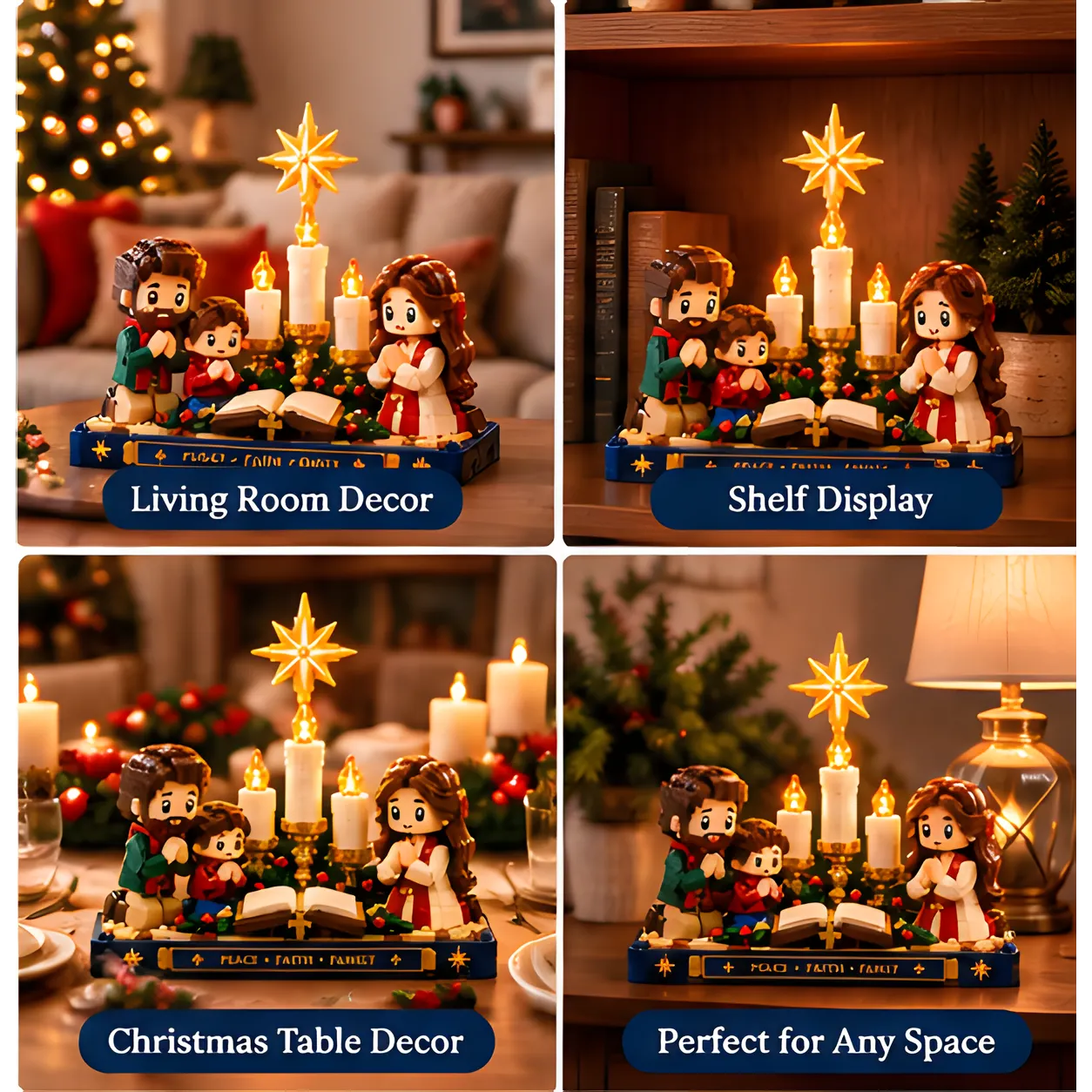 Four home display settings for a Christmas Eve brick build, including living room, shelf, dinner table, and side table scenes.