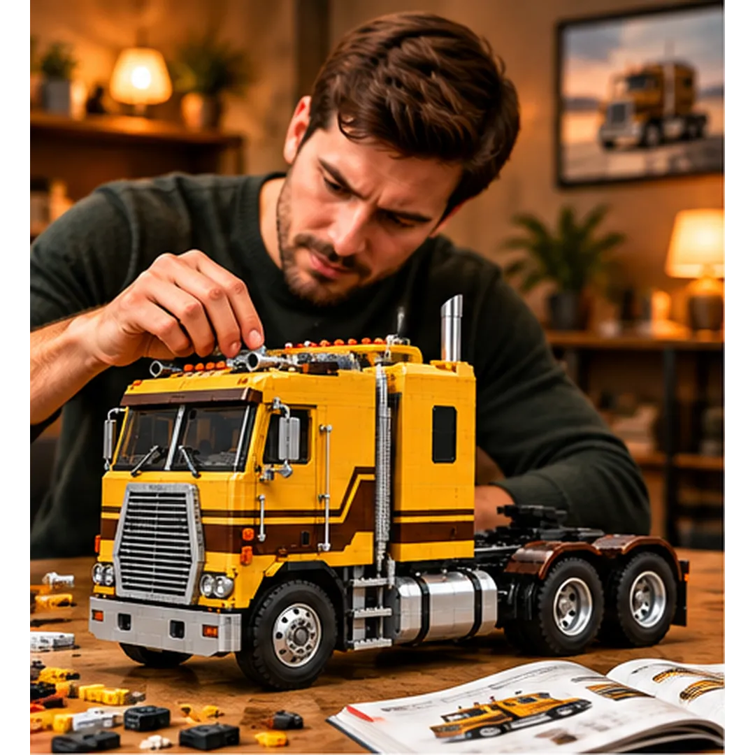 Adult concentrating on placing a small brick piece on the roof of a yellow cabover tractor with loose building pieces and an open guide on the table
