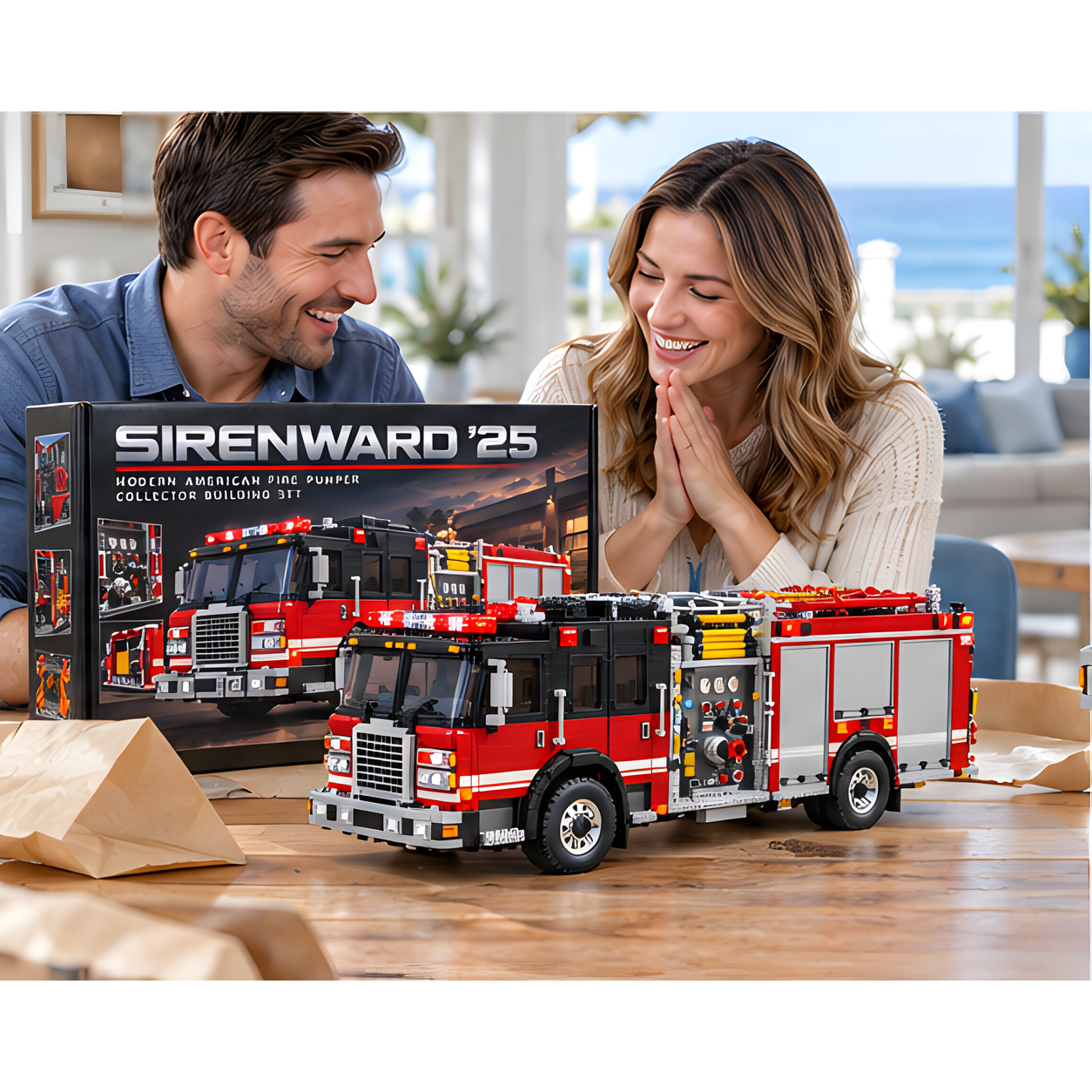 Two adults smiling over a red brick-built fire pumper on a table, with a black crew cab, yellow hose sections, and roof warning bar visible.
