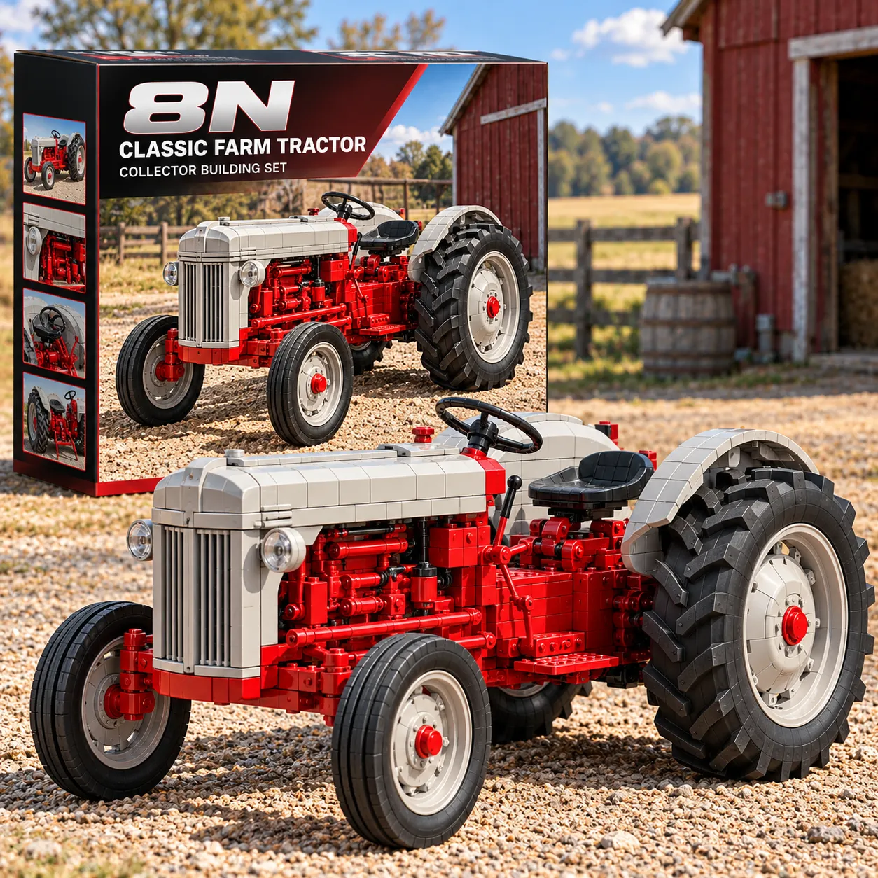 Vintage farm tractor building model displayed at home office and barn