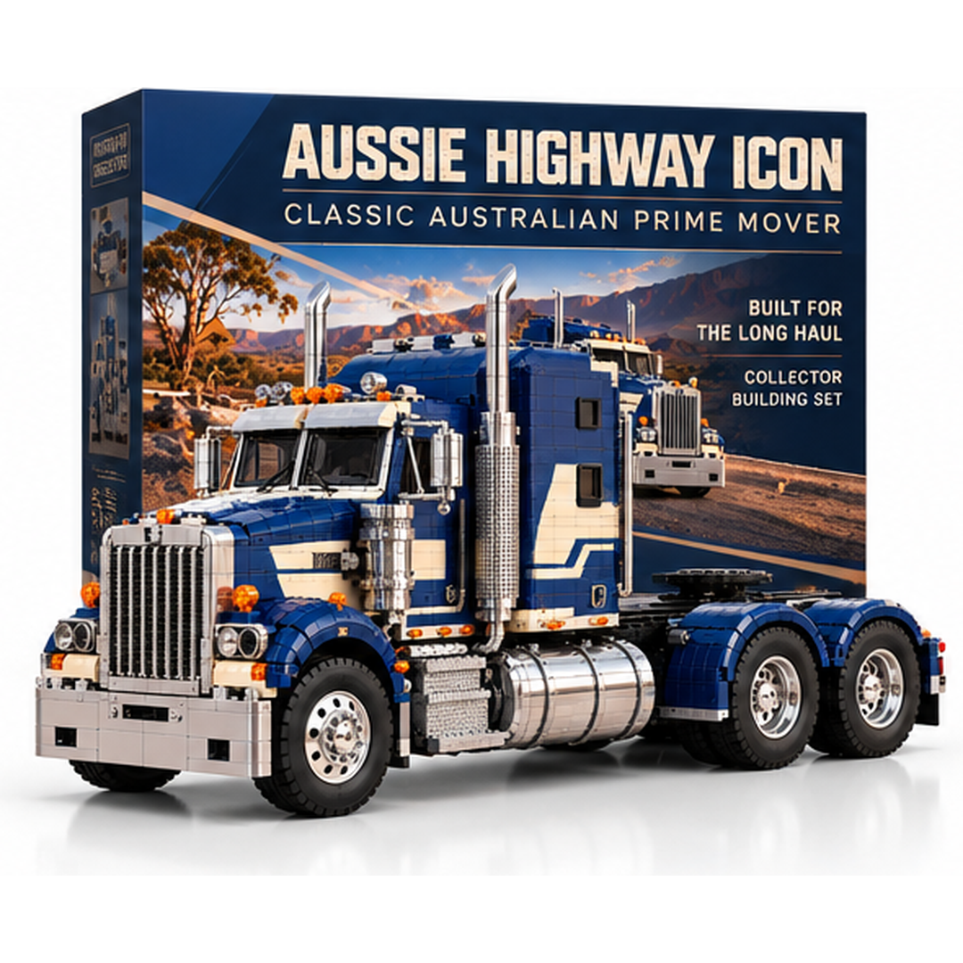Complete blue and ivory brick-built Australian prime mover displayed with packaging
