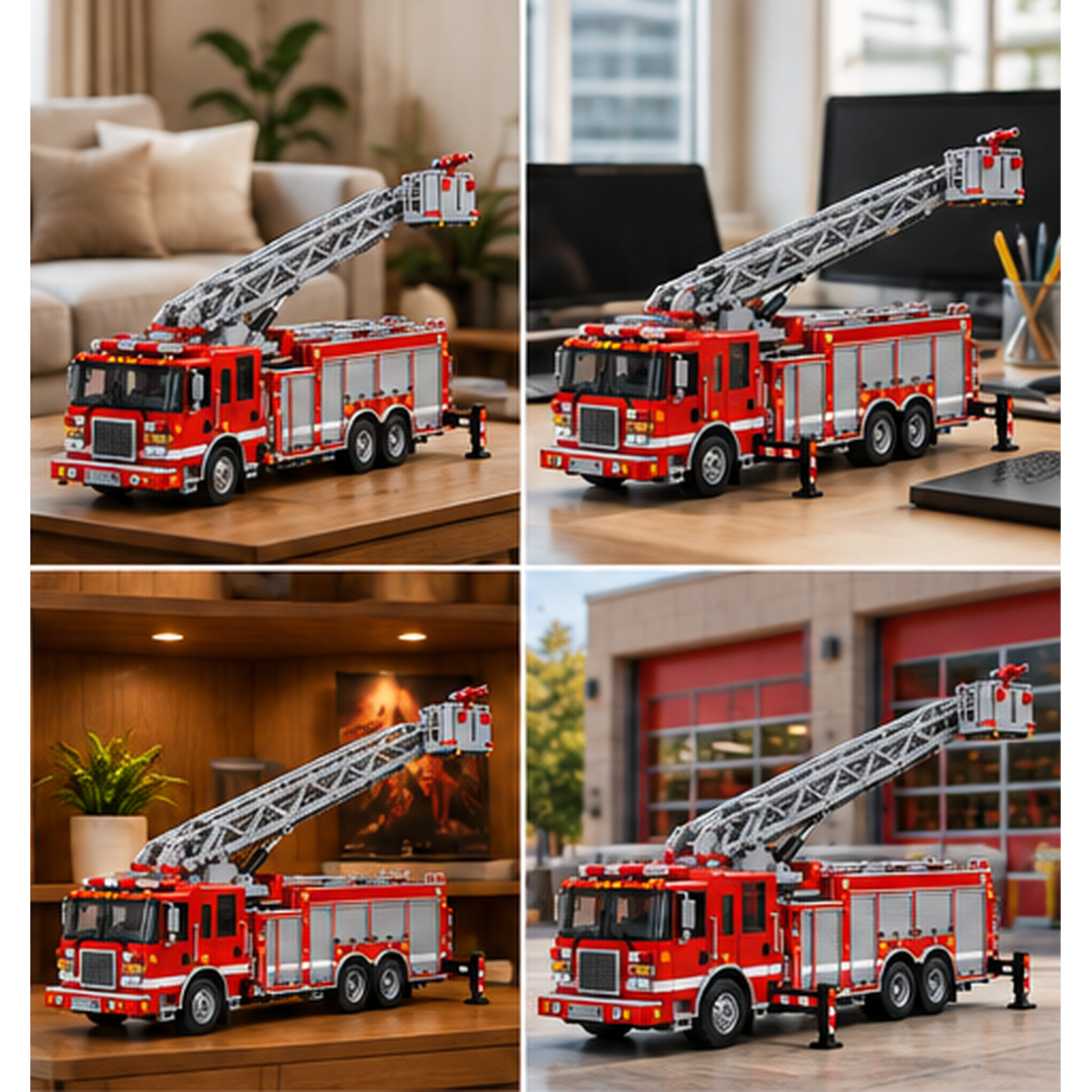 Red aerial ladder brick fire truck collector model shown in four display settings including a living room, home office, display shelf and fire station