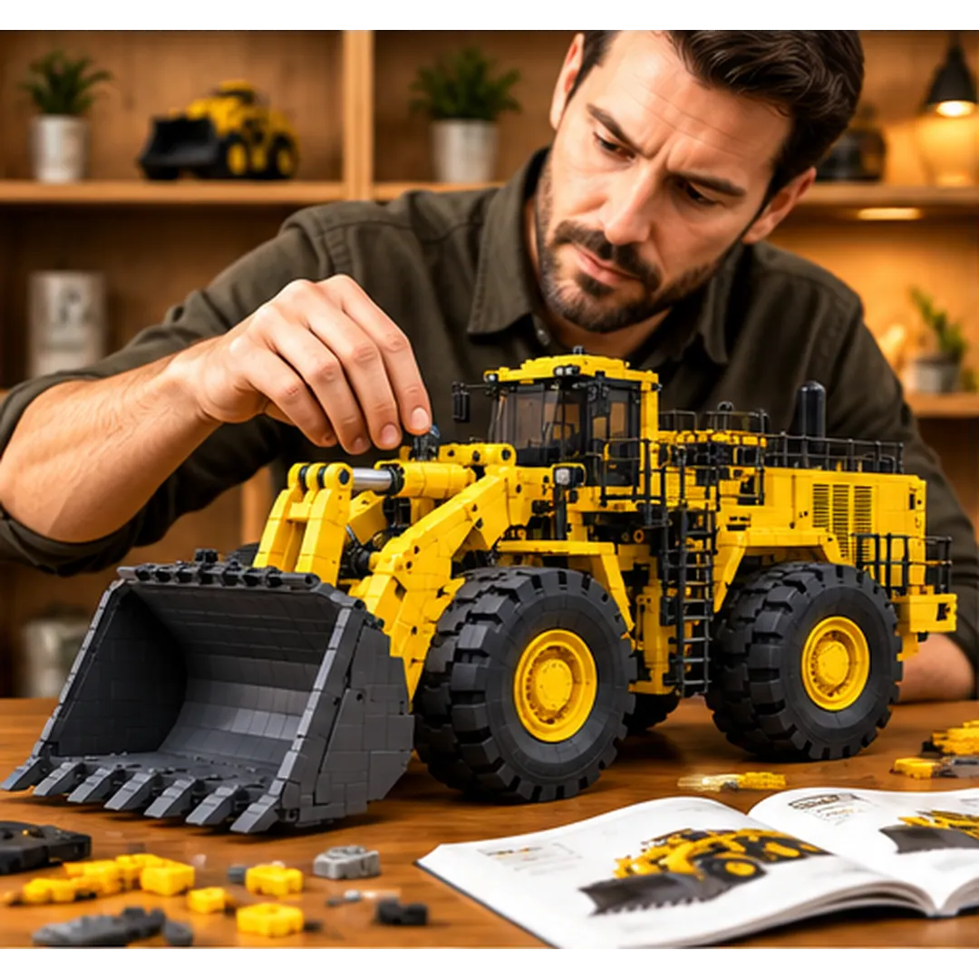 Adult builder assembling an ultra-class mining wheel loader model
