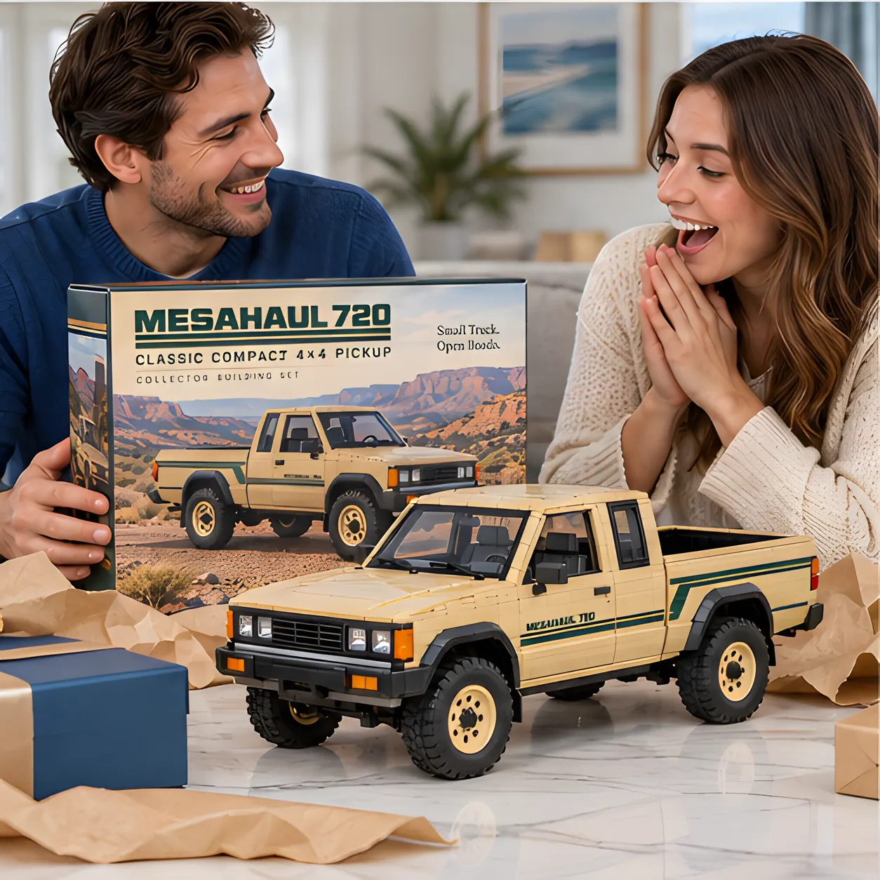 A man and woman smiling beside a tan brick-built pickup on a table with gift wrapping nearby.