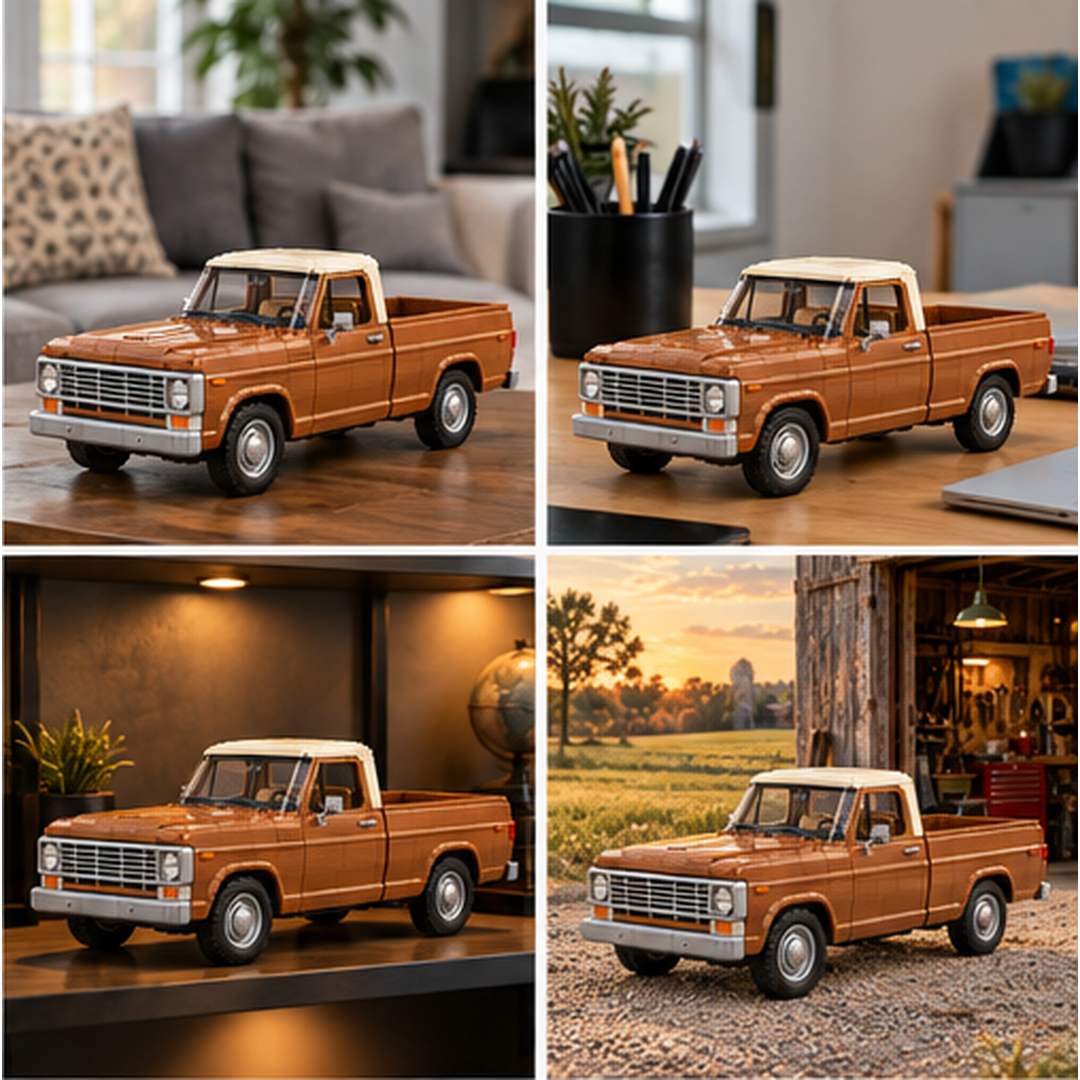 Four display scenes showing the brown and cream pickup brick model on a living room table, office desk, shelf and rustic barnyard setting