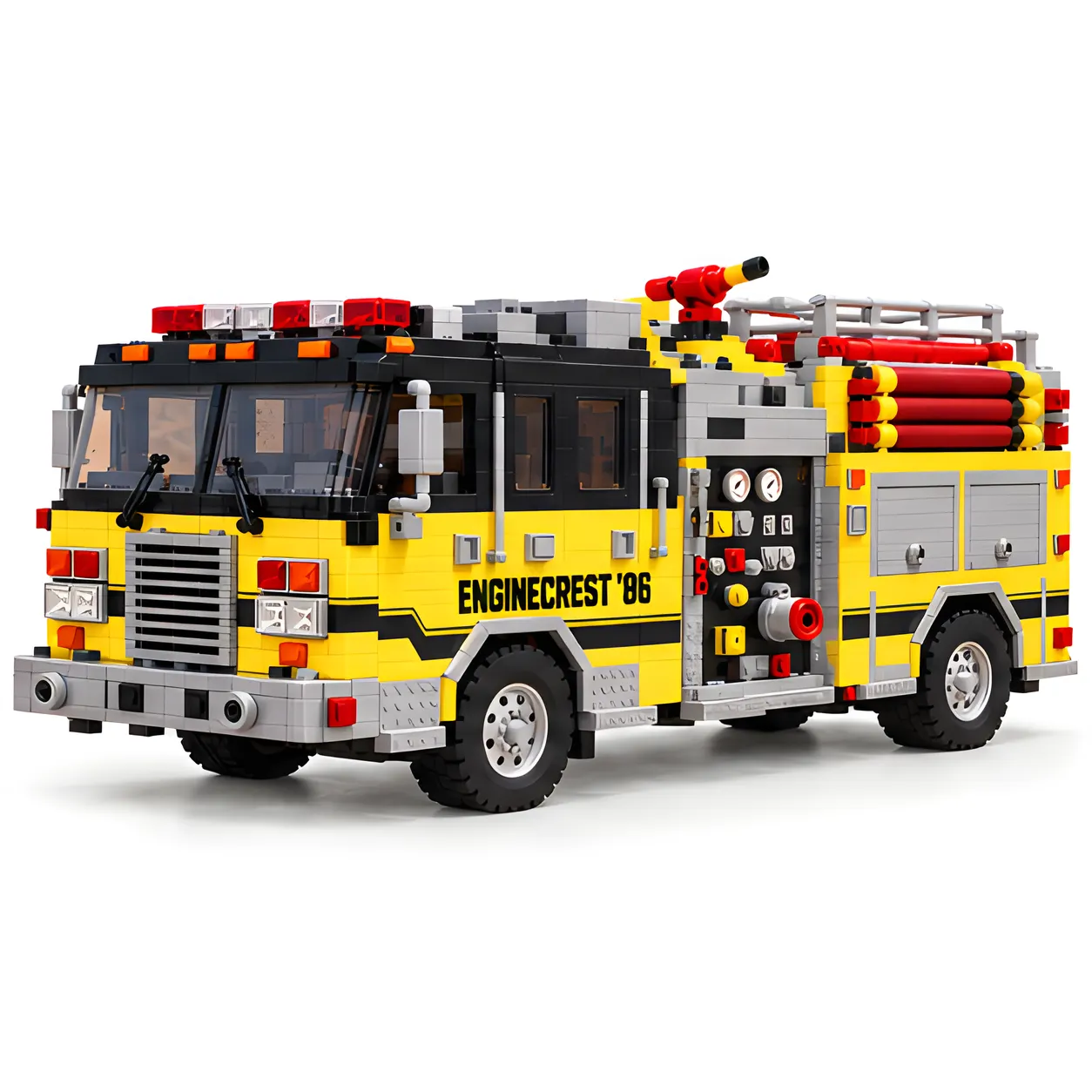 Yellow-and-black ENGINECREST '86 brick-built fire pumper on a white background with squared front grille, side gauge panel, red hose storage, and upper water monitor.