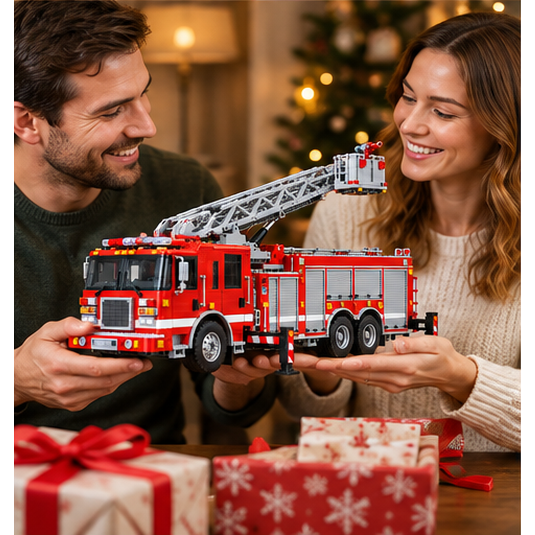 Couple smiling while holding a red aerial ladder fire truck building model beside wrapped Christmas gifts