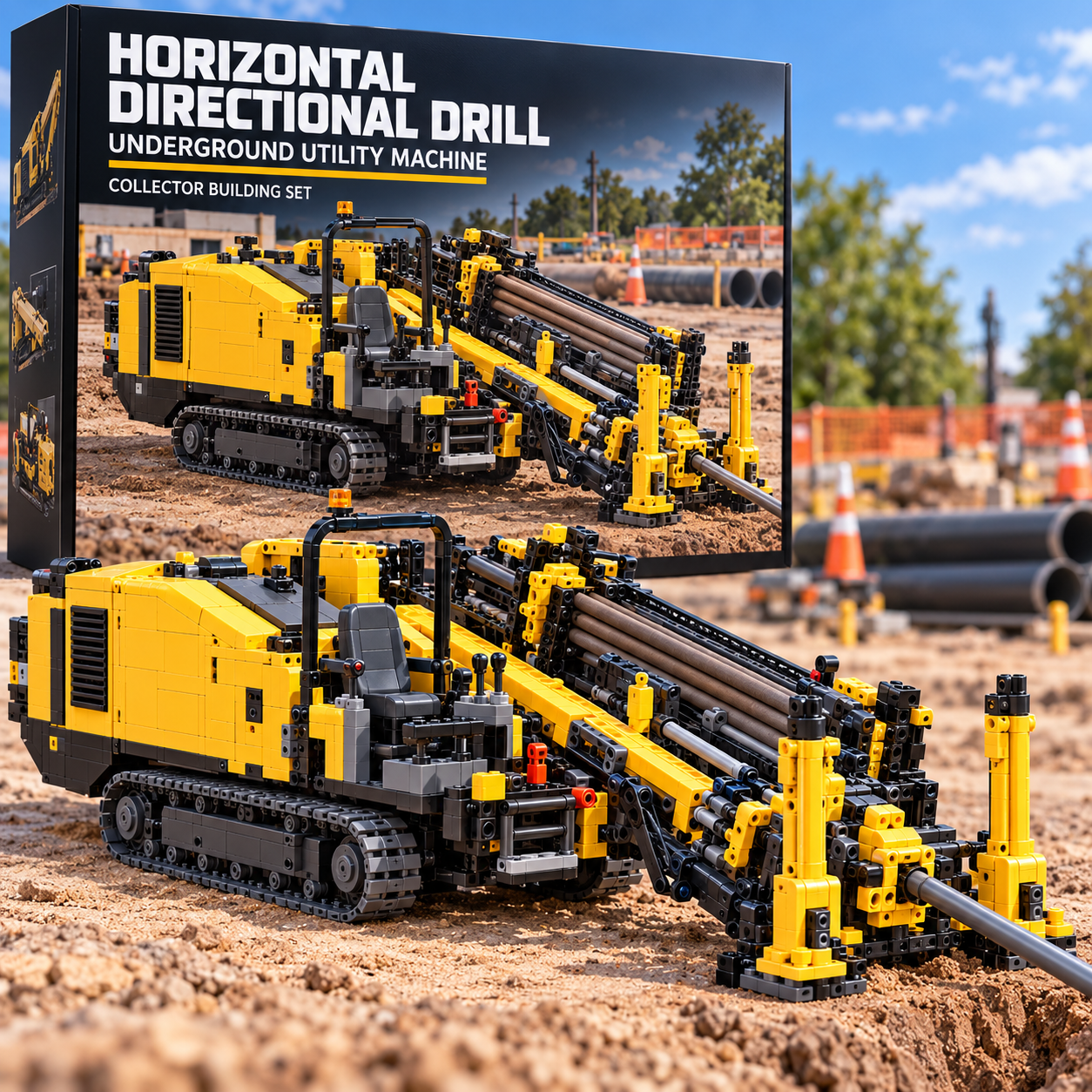 Yellow horizontal directional drill brick model with black crawler tracks and angled drilling frame beside a collector-style box at a utility worksite