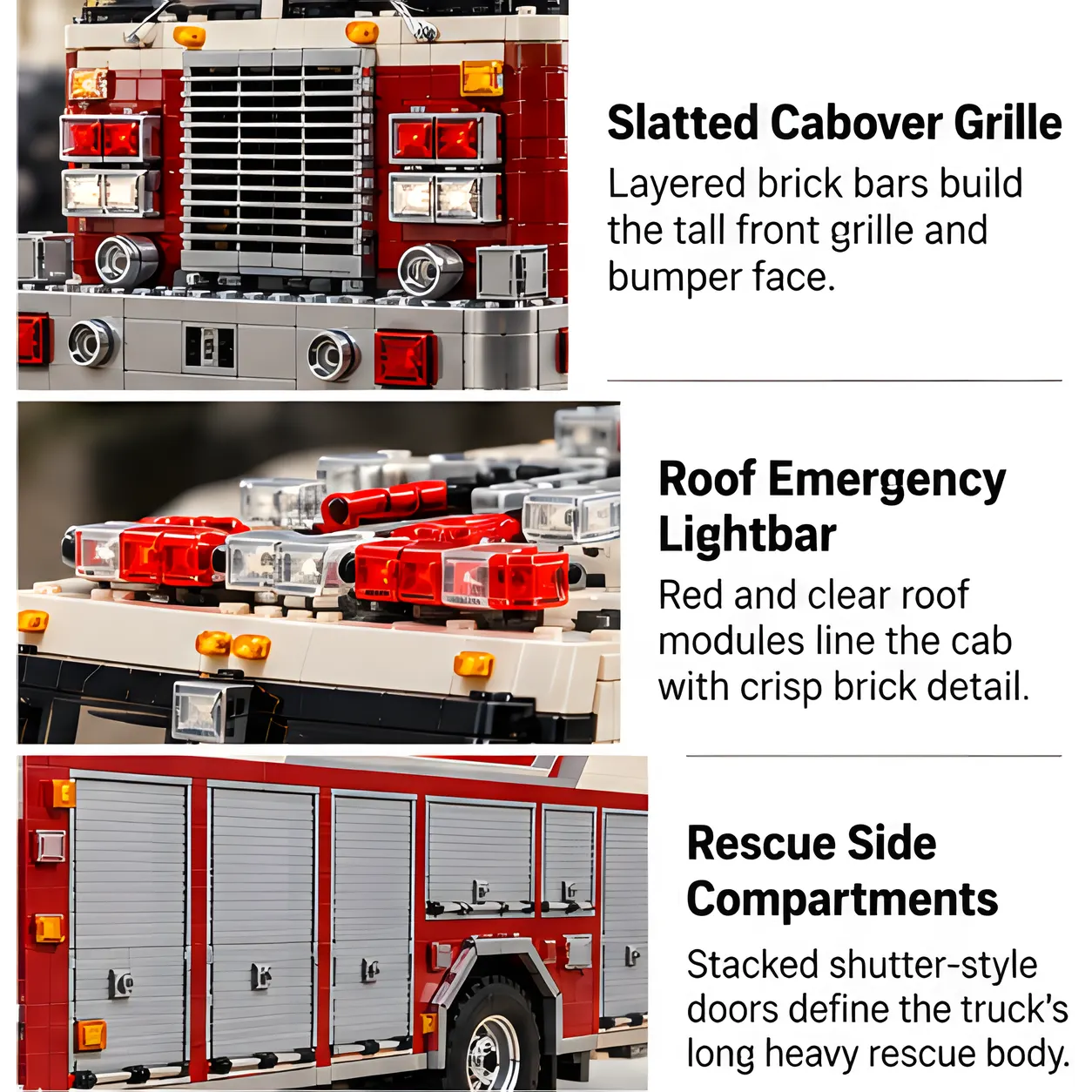 Three views of rescue truck brick details: tall slatted front grille, red-and-clear roof warning lights, and silver shutter-style side bays.