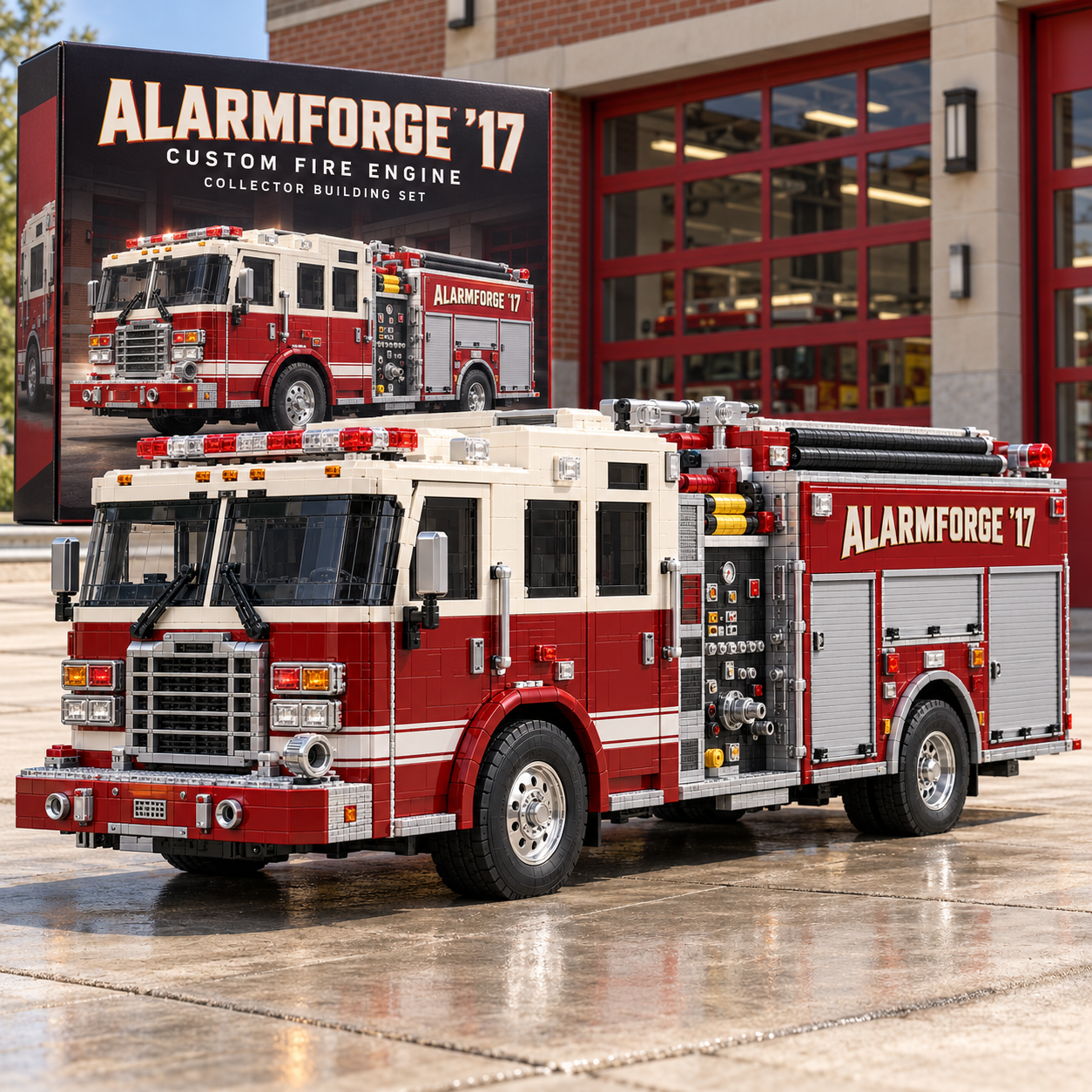 Red and ivory brick-built pumper fire engine with a wide crew cab, layered grille, side water-control area, upper hose storage, and silver compartment doors outside a fire station.