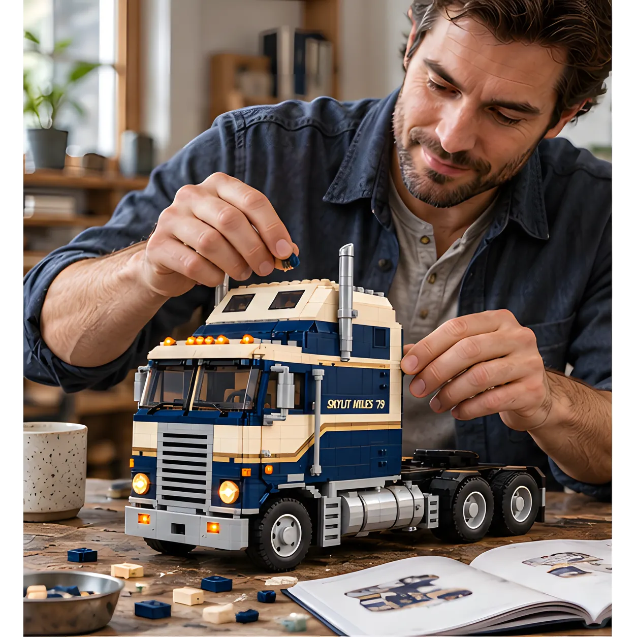 Adult builder assembling the cream sleeper roof of a navy cabover brick build at a table with loose pieces and an open instruction booklet.
