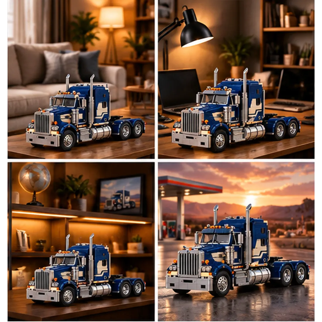 Blue and ivory brick-built highway truck displayed in several collector settings