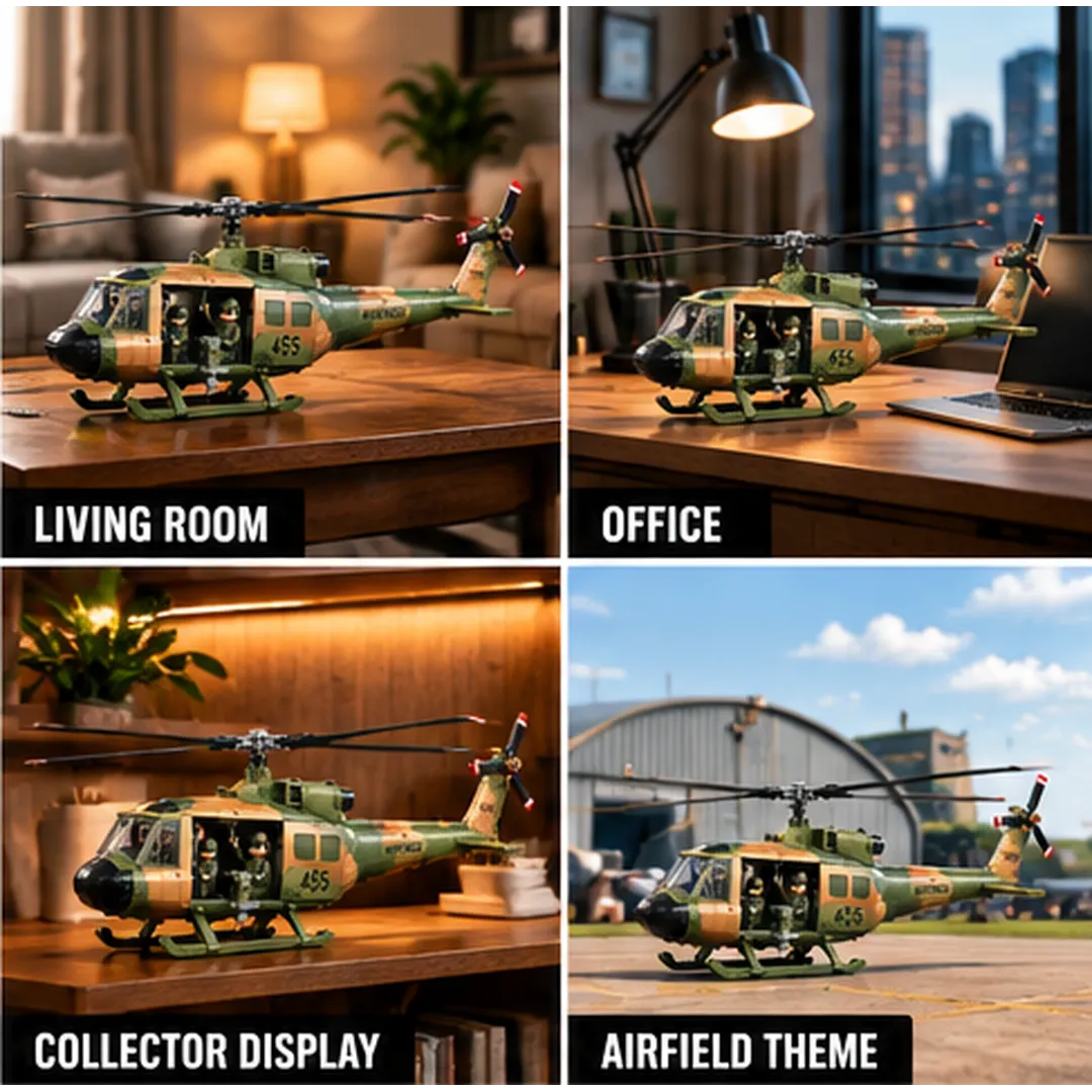 UH-1 Huey helicopter building model on a collector display