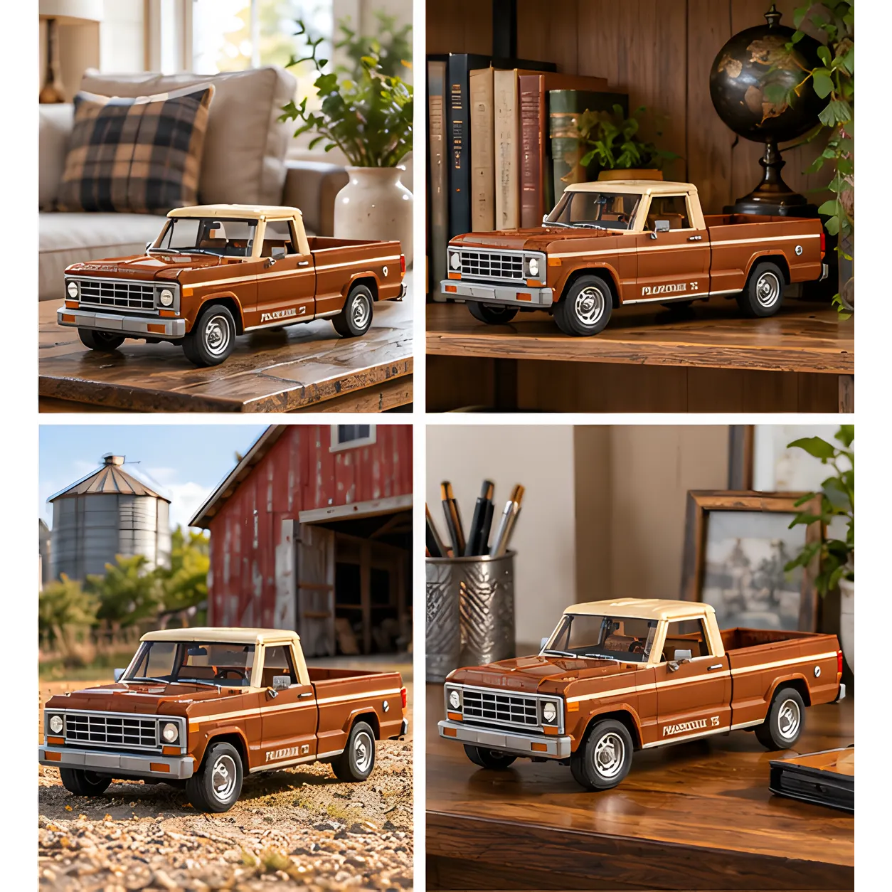 Four settings for the brown pickup brick build: living room table, wooden shelf, farm gravel, and home desk.