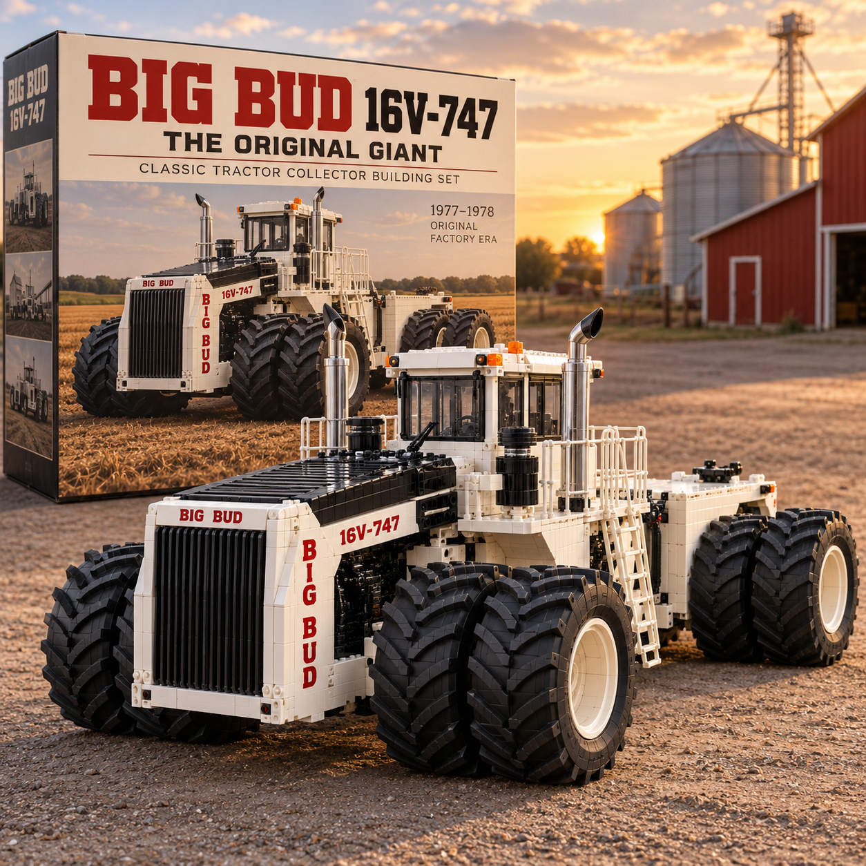 Adult assembling the Big Bud 16V-747 model with loose building bricks and illustrated guide