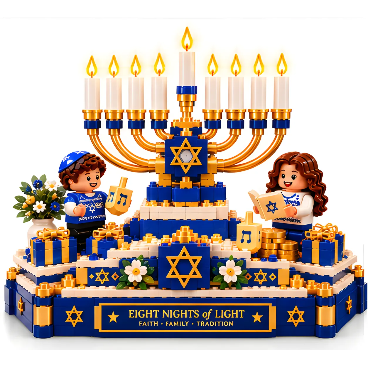 Front view of the nine-candle Hanukkah brick build on a white background with curved golden arms, blue-and-white tiered base, flowers, gifts, and two characters