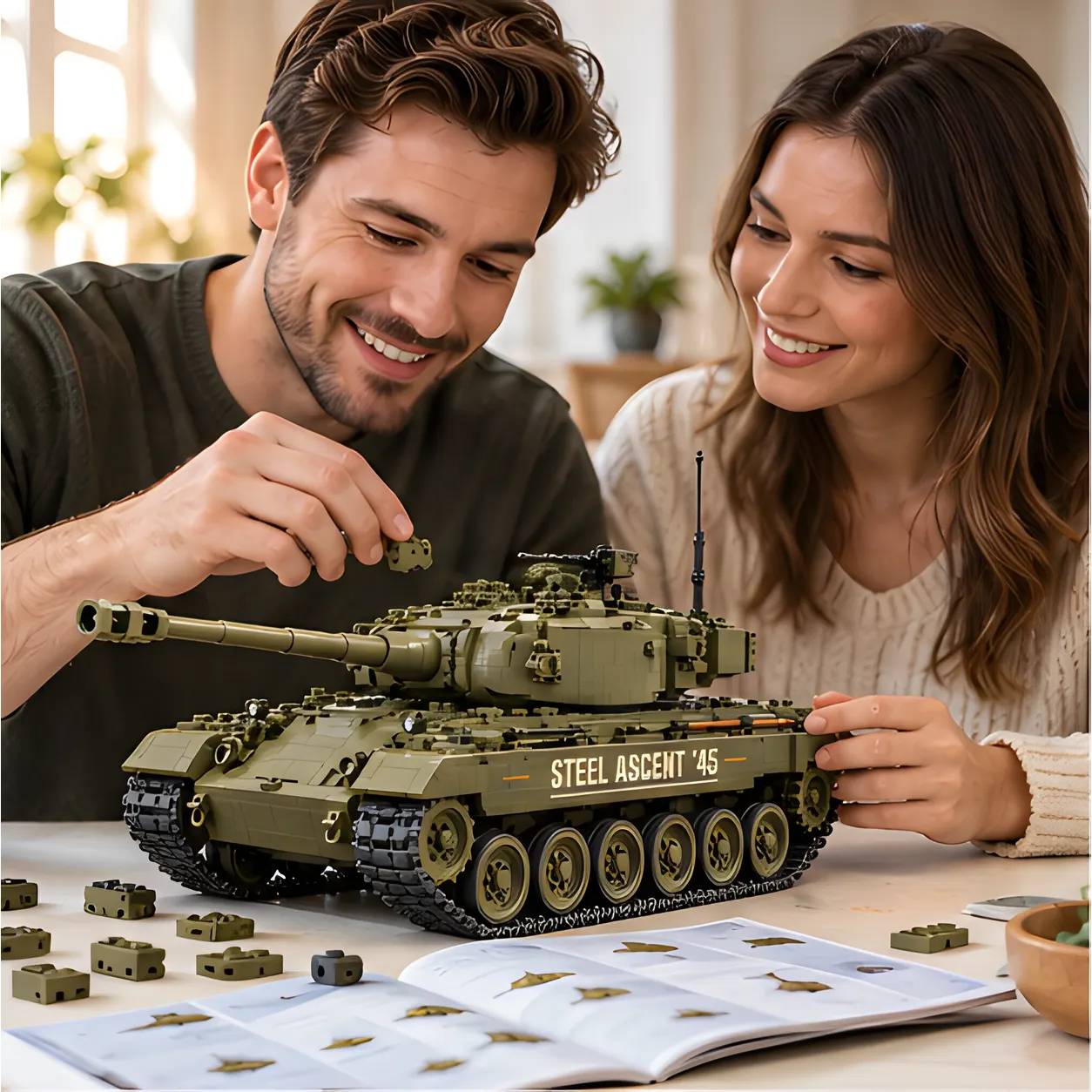 Two adults assembling an olive-drab tank brick build at a table with loose building pieces and an open instruction booklet.