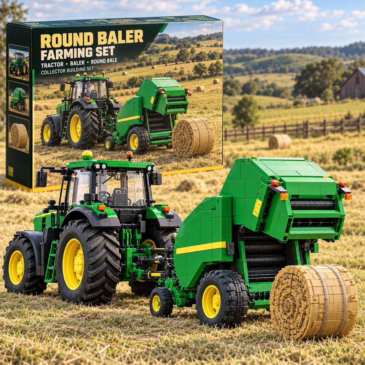 Hay Season tractor and round baler collector building set
