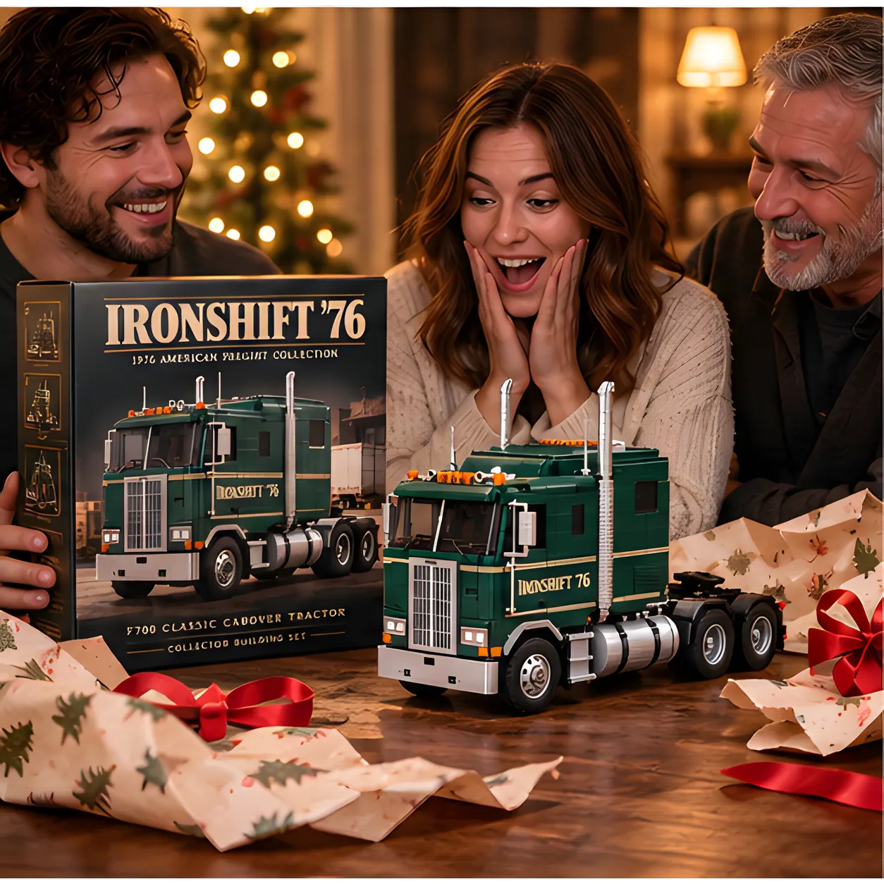 Three adults gathered around a green cabover truck brick build with IRONSHIFT '76 packaging, festive wrapping paper, and red ribbons.