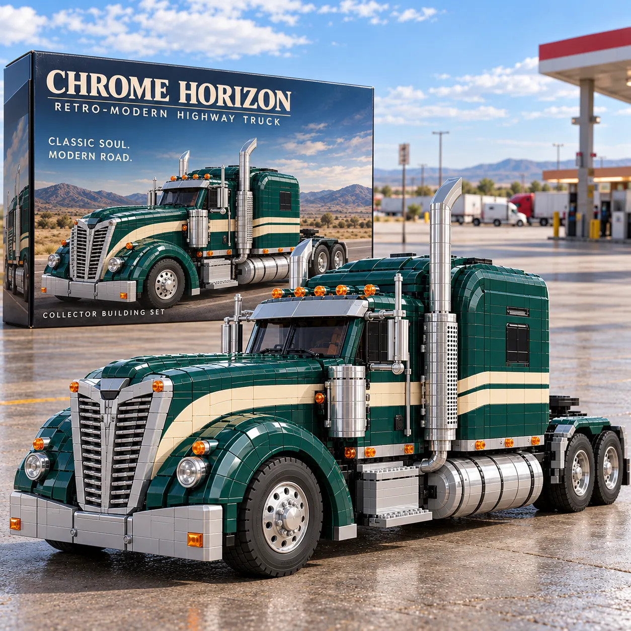 CHROME HORIZON green and cream brick-built American highway tractor with collector box at a roadside stop