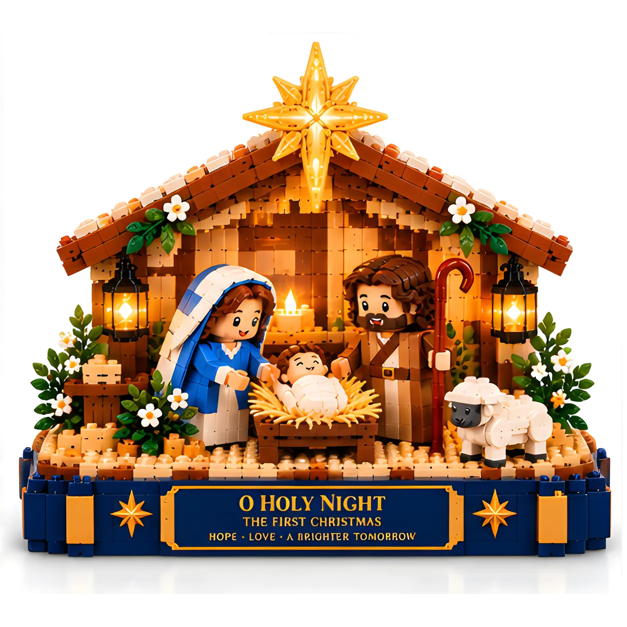 Front view of assembled nativity brick build on white background with brown stable, gold star, Mary, Joseph, manger and sheep