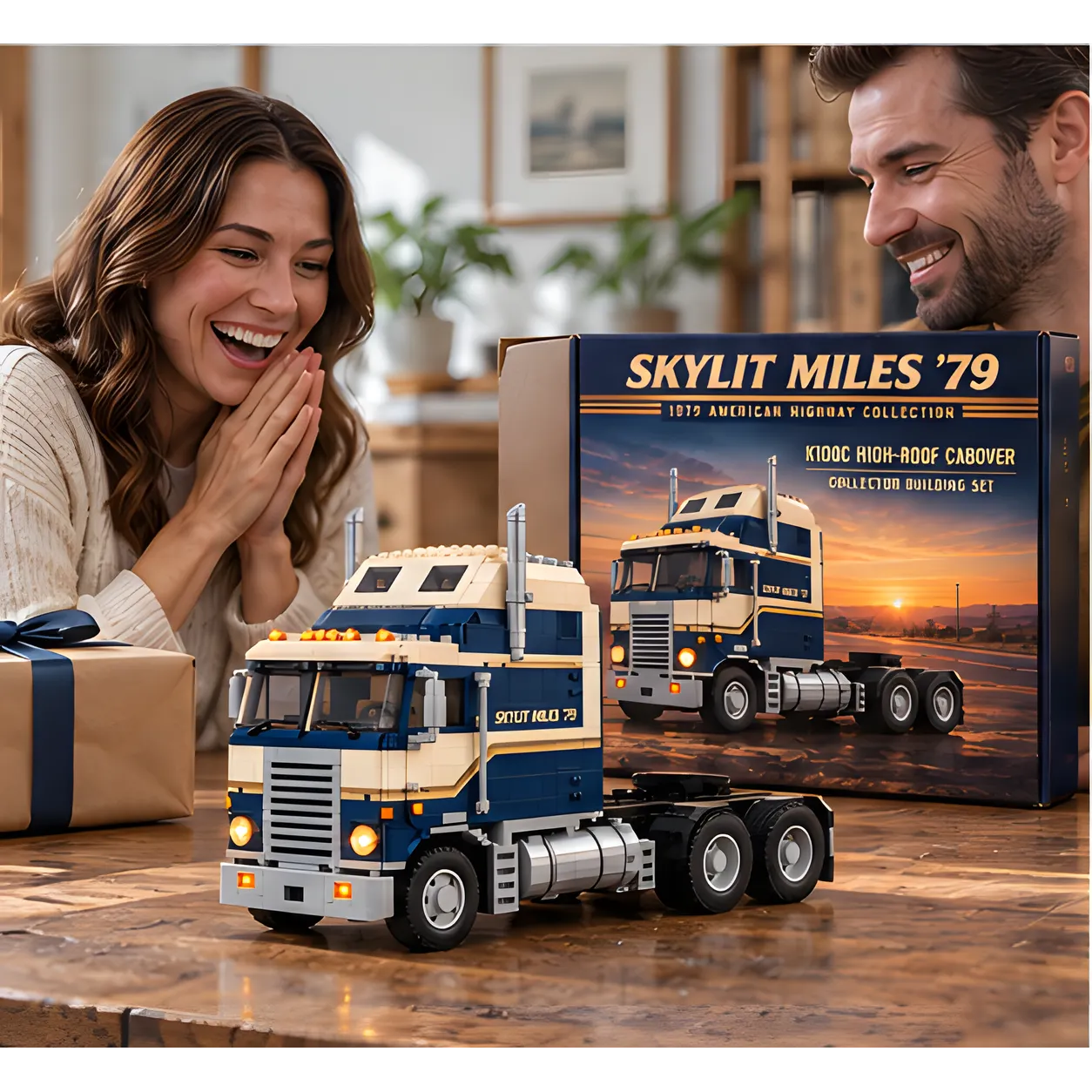 Smiling adults beside a wrapped gift, an illustrated Skylit Miles '79 box, and the finished navy and cream cabover brick build on a table.