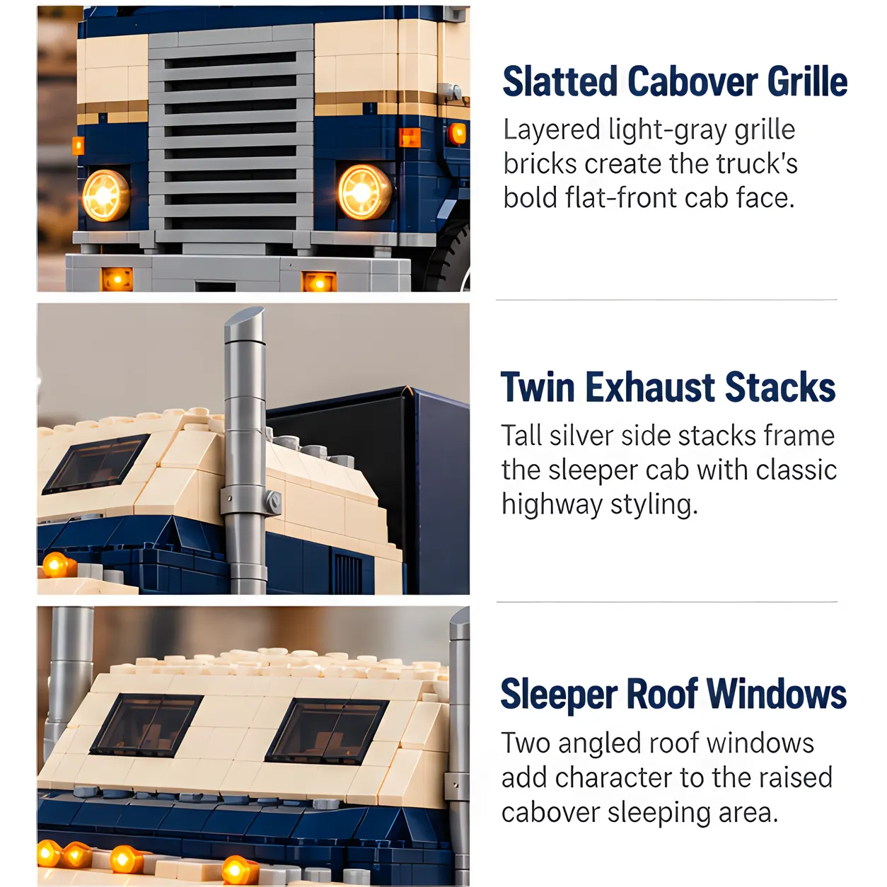 Three detail views showing the layered front grille, tall silver exhaust stacks, and two angled upper sleeper windows on the navy and cream cabover build.