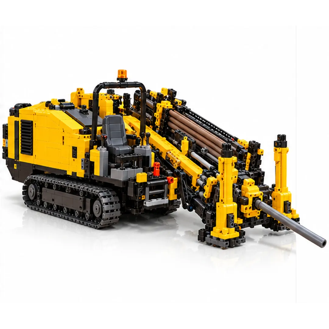 Complete yellow and black horizontal directional drilling rig collector building model with tracked base, operator station and forward drill-rod-style extension against white studio backdrop