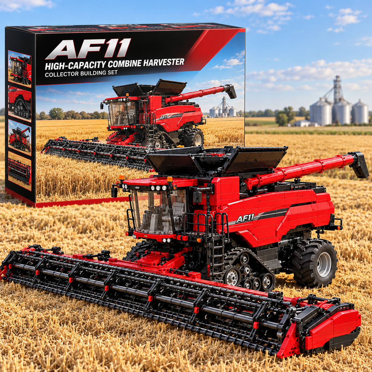 Complete red AF11 combine model with a wide header and tracked undercarriage