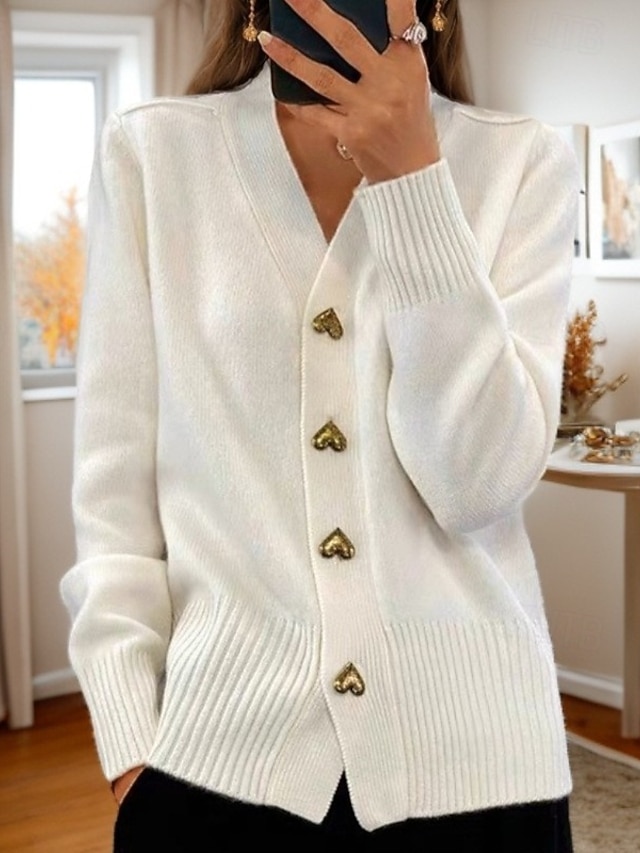 Women's Valentine Pink Sweater Cardigan Sweater Jacket V Neck Knit Button Knitted Spring Fall Daily Holiday Going out Cute Daily Soft Long Sleeve Pure Color Black White