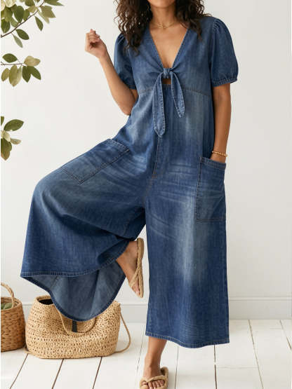 Women's Casual Loose Short-sleeved V-neck Denim Jumpsuit