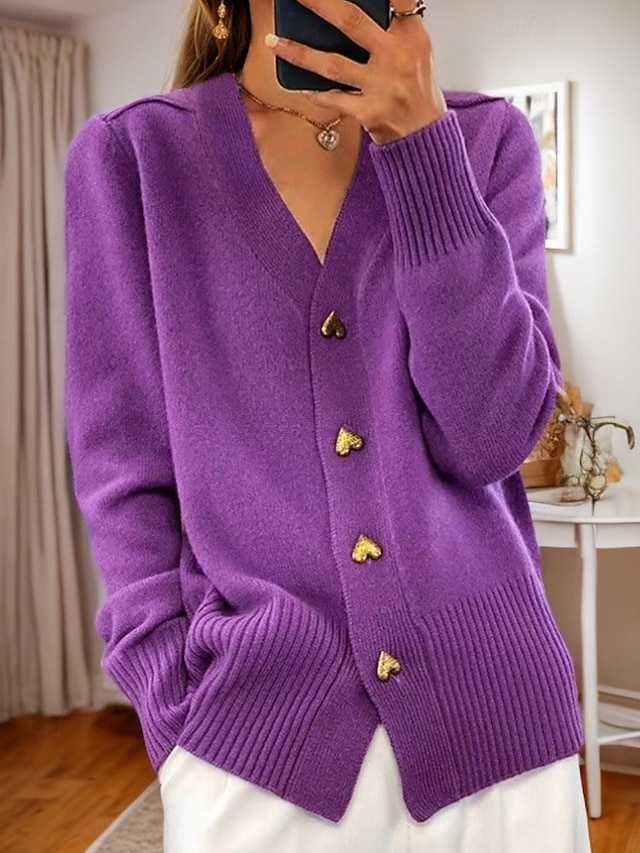 Women's Valentine Pink Sweater Cardigan Sweater Jacket V Neck Knit Button Knitted Spring Fall Daily Holiday Going out Cute Daily Soft Long Sleeve Pure Color Black White