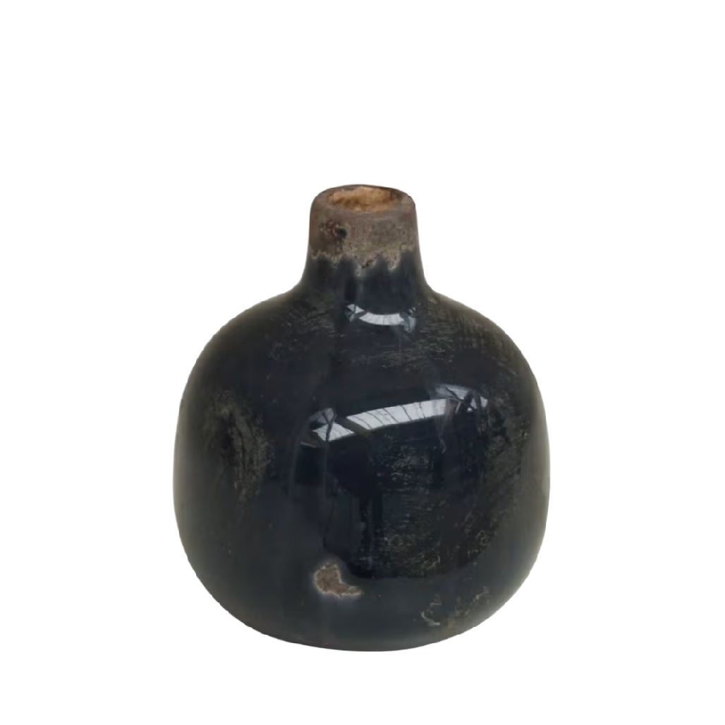 Vase Bouteille en Céramique Émaillée - Bleu Nuit Rustique-woodemix