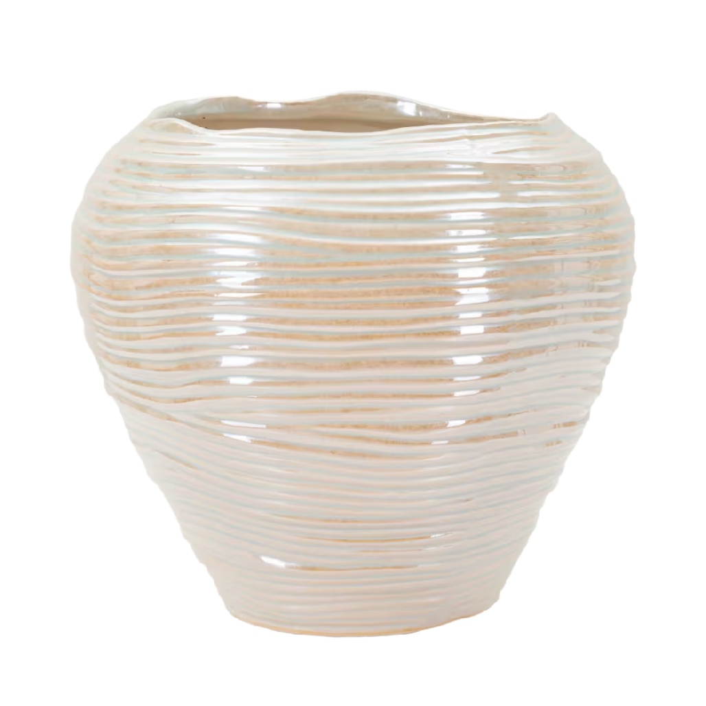 Vase Boule en Céramique à Ondulations - Blanc Perle Texturé-woodemix