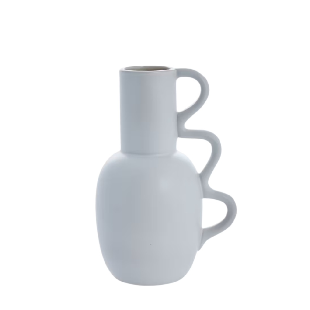 Vase Artistique en Céramique Blanc Mat - Design Géométrique à Trois Anses-woodemix