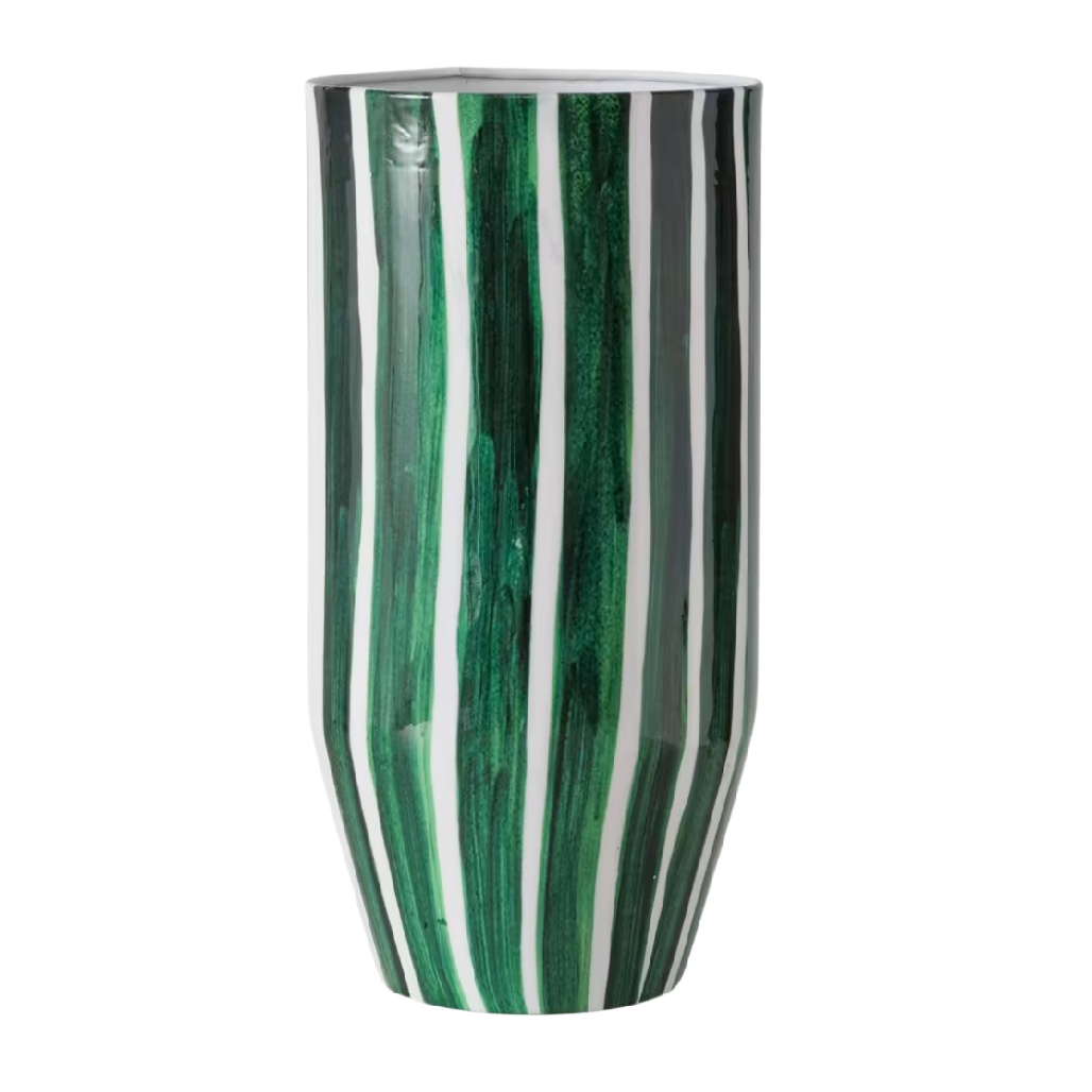 Grand Vase Cylindrique en Céramique - Motifs de Rayures Vertes Peintes à la Main-woodemix